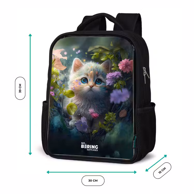 Kids backpack - Black - Kitten hiding behind flowers — 8