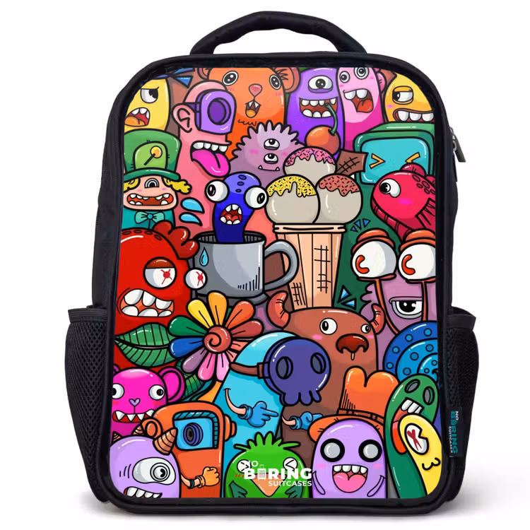 Kids backpack - Black - Monsters, flowers and ice cream pattern — 1