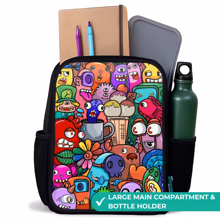 Kids backpack - Black - Monsters, flowers and ice cream pattern — 10