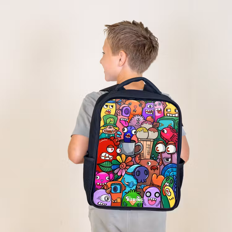 Kids backpack - Black - Monsters, flowers and ice cream pattern — 2
