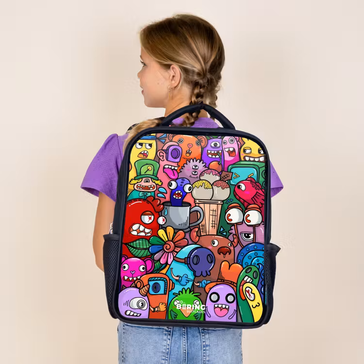 Kids backpack - Black - Monsters, flowers and ice cream pattern — 4