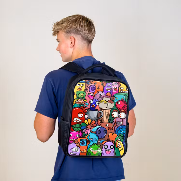 Kids backpack - Black - Monsters, flowers and ice cream pattern — 5