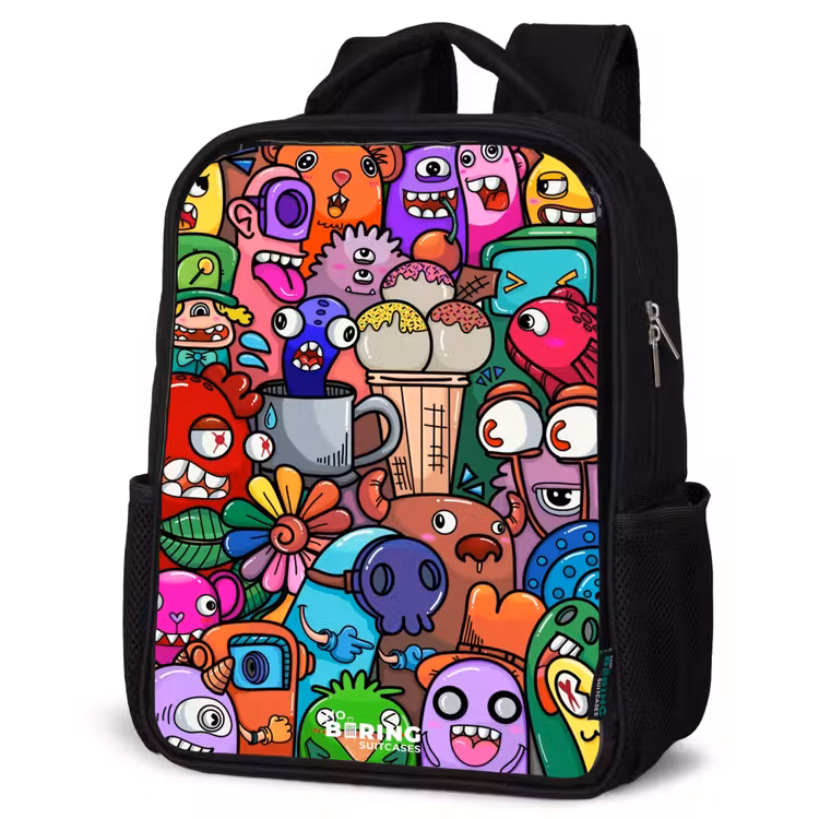 Kids backpack - Black - Monsters, flowers and ice cream pattern — 6