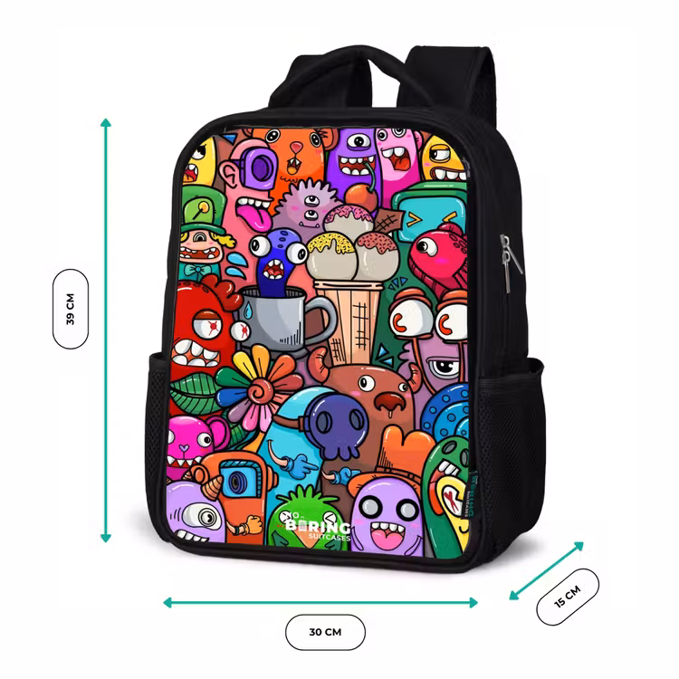 Kids backpack - Black - Monsters, flowers and ice cream pattern — 8