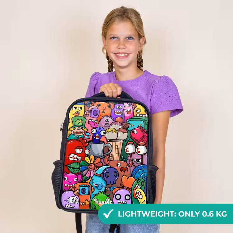 Kids backpack - Black - Monsters, flowers and ice cream pattern — 9