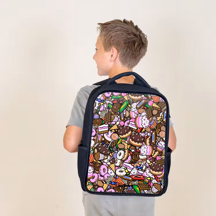 Kids backpack - Black - Overflowing pattern with treats — 2