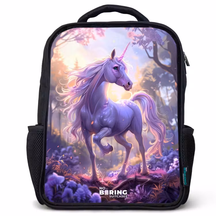 Kids backpack - Black - Portrait of a Unicorn among Purple Flowers — 1