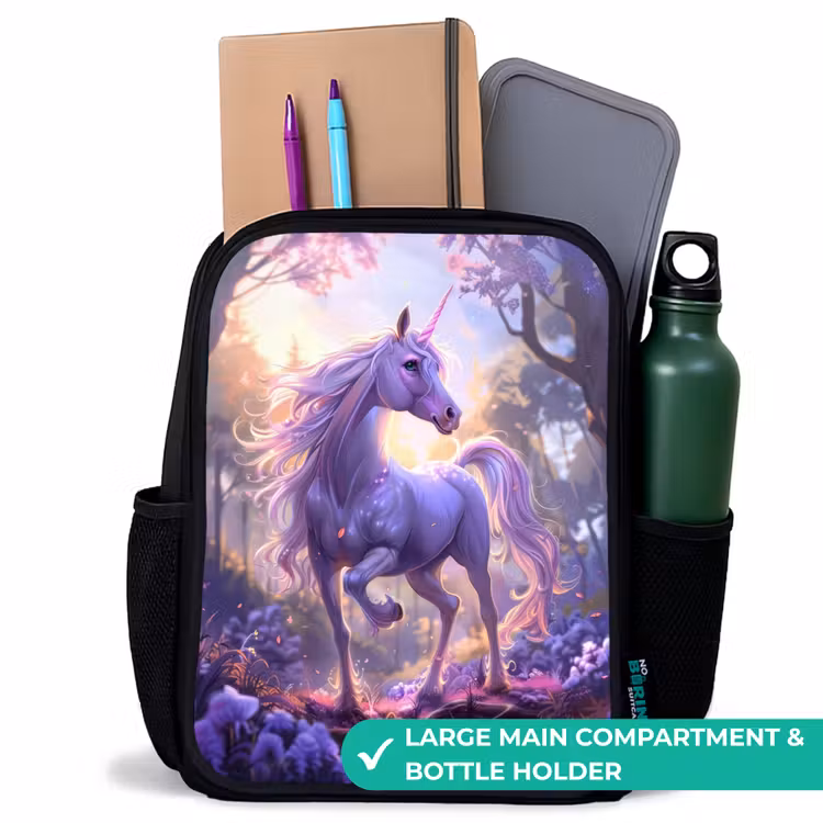 Kids backpack - Black - Portrait of a Unicorn among Purple Flowers — 10