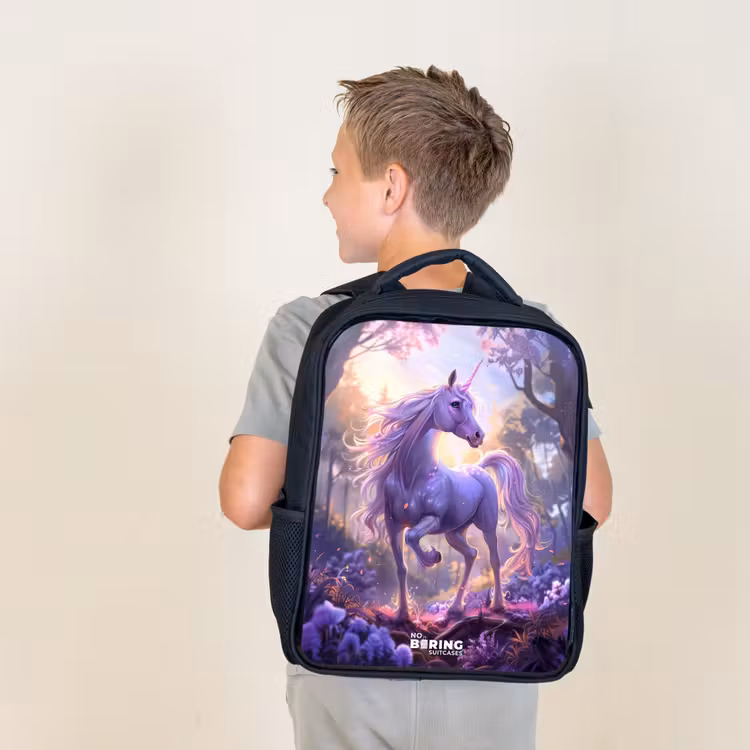 Kids backpack - Black - Portrait of a Unicorn among Purple Flowers — 2