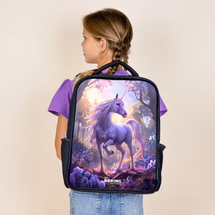 Kids backpack - Black - Portrait of a Unicorn among Purple Flowers — 4