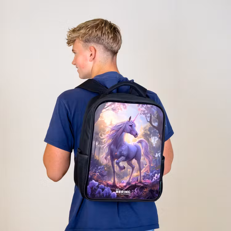 Kids backpack - Black - Portrait of a Unicorn among Purple Flowers — 5