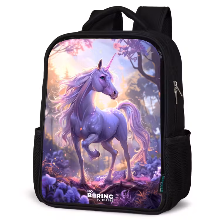 Kids backpack - Black - Portrait of a Unicorn among Purple Flowers — 6