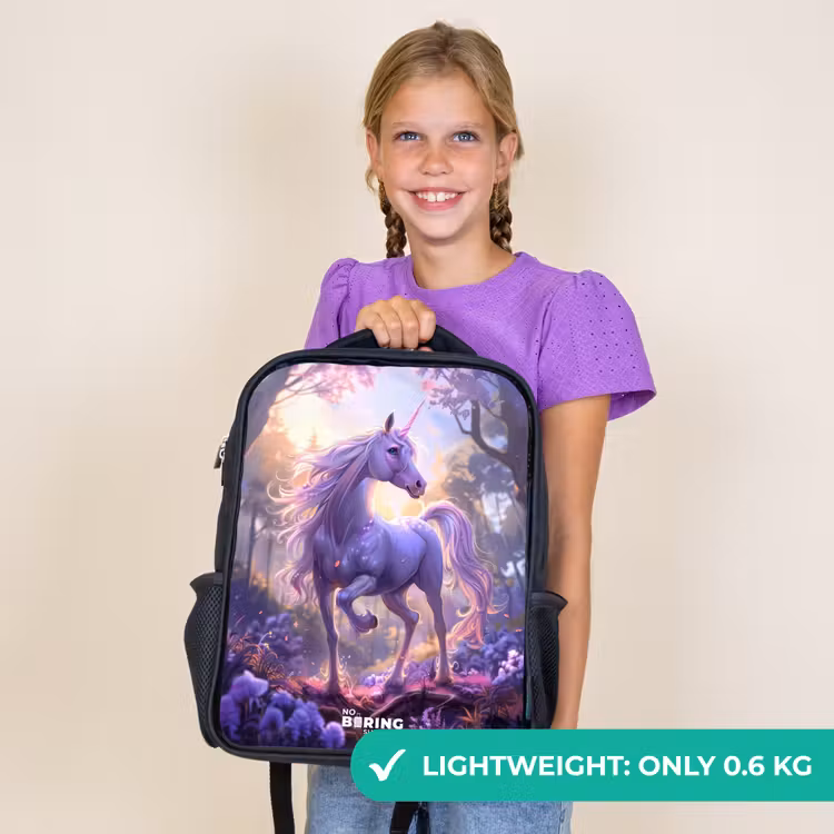 Kids backpack - Black - Portrait of a Unicorn among Purple Flowers — 9
