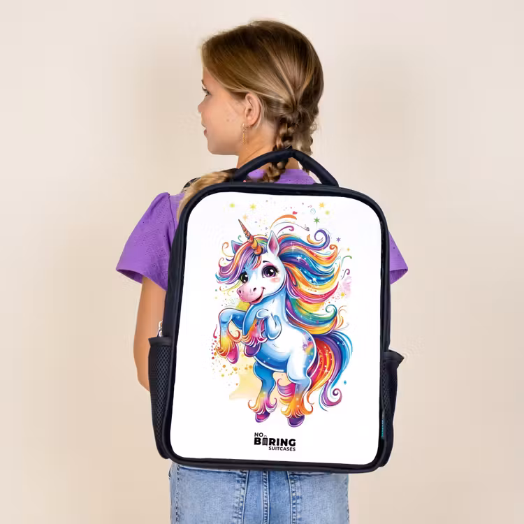 Kids backpack - Black - Prancing Unicorn with Rainbow Moons — 4