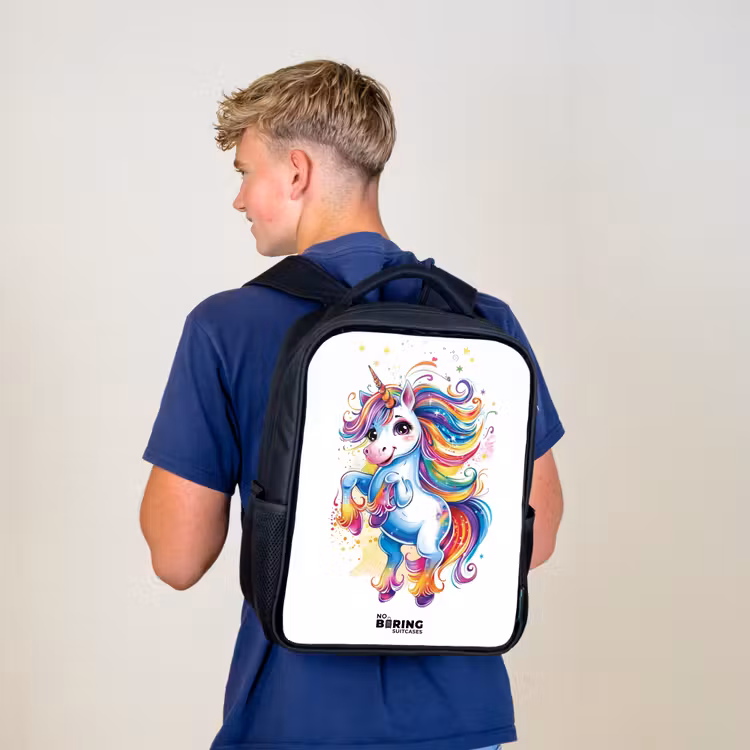 Kids backpack - Black - Prancing Unicorn with Rainbow Moons — 5