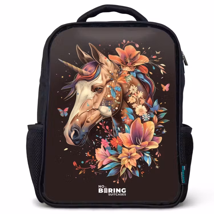 Kids backpack - Black - Unicorn and Flowers on Black Background — 1