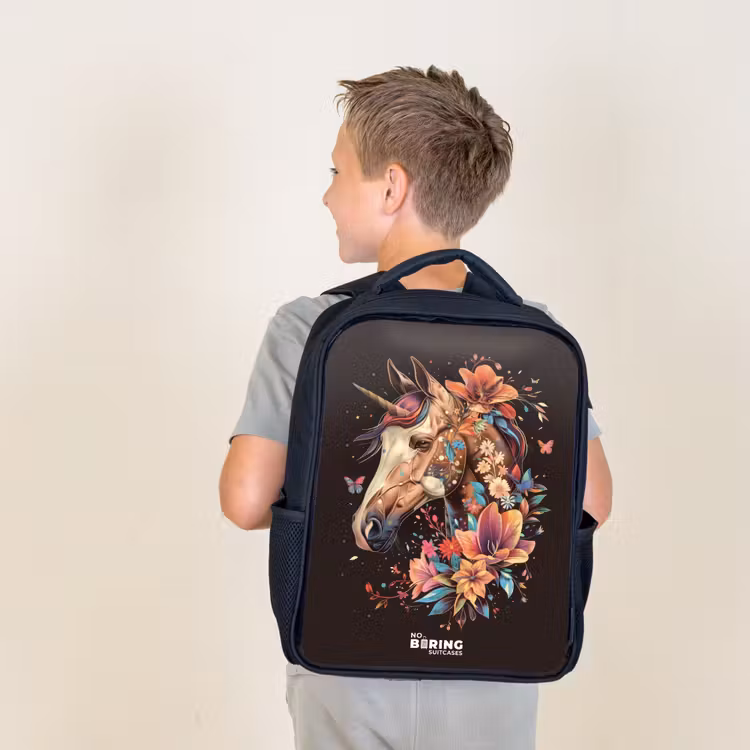 Kids backpack - Black - Unicorn and Flowers on Black Background — 2