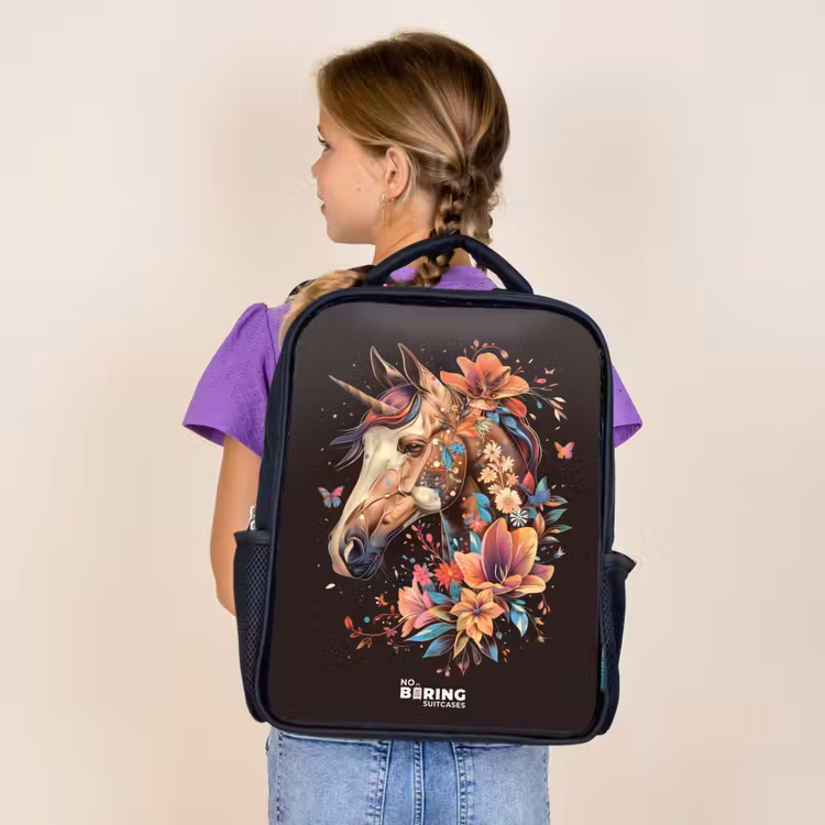 Kids backpack - Black - Unicorn and Flowers on Black Background — 4