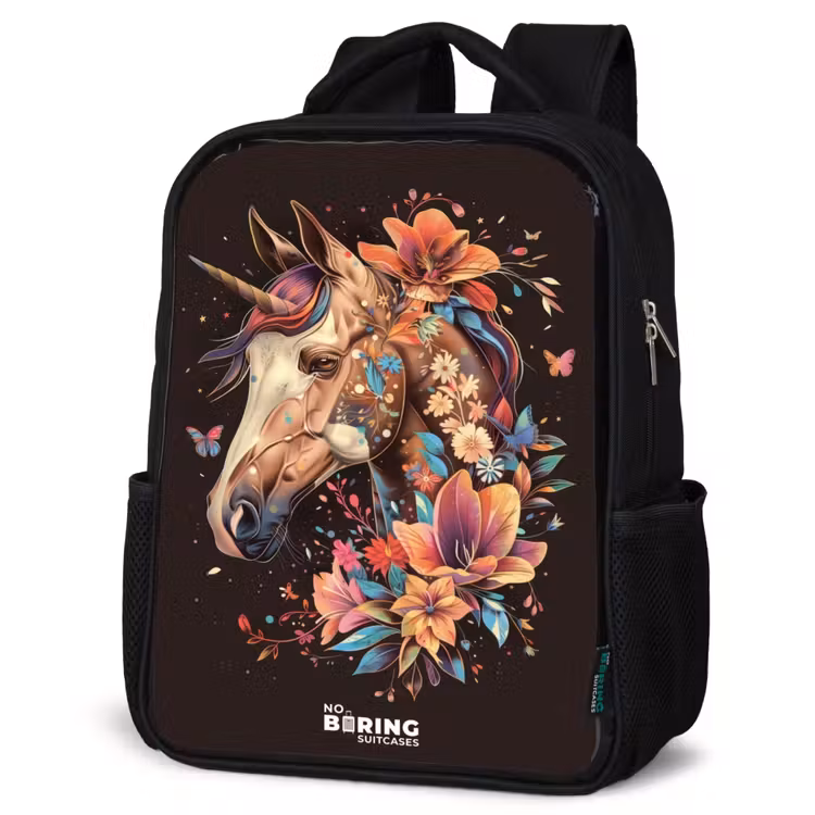 Kids backpack - Black - Unicorn and Flowers on Black Background — 6
