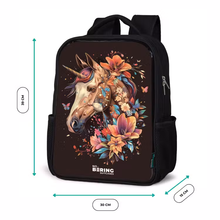 Kids backpack - Black - Unicorn and Flowers on Black Background — 8