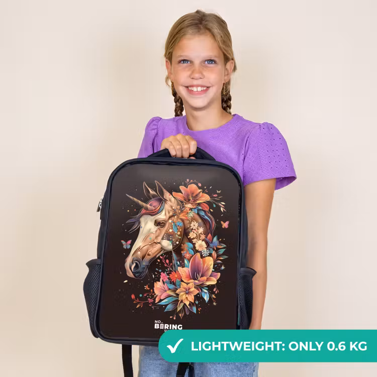 Kids backpack - Black - Unicorn and Flowers on Black Background — 9