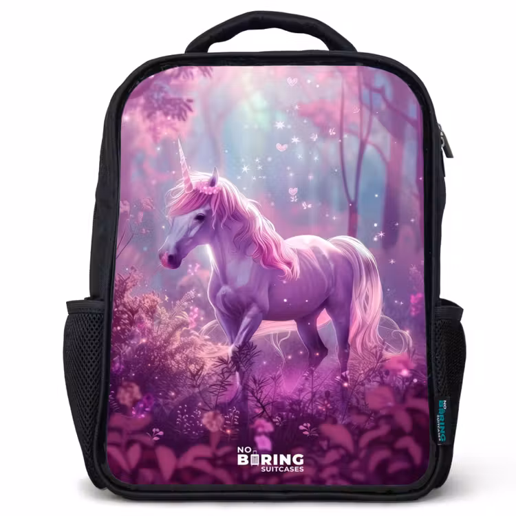 Kids backpack - Black - Unicorn Surrounded by Purple Nature — 1