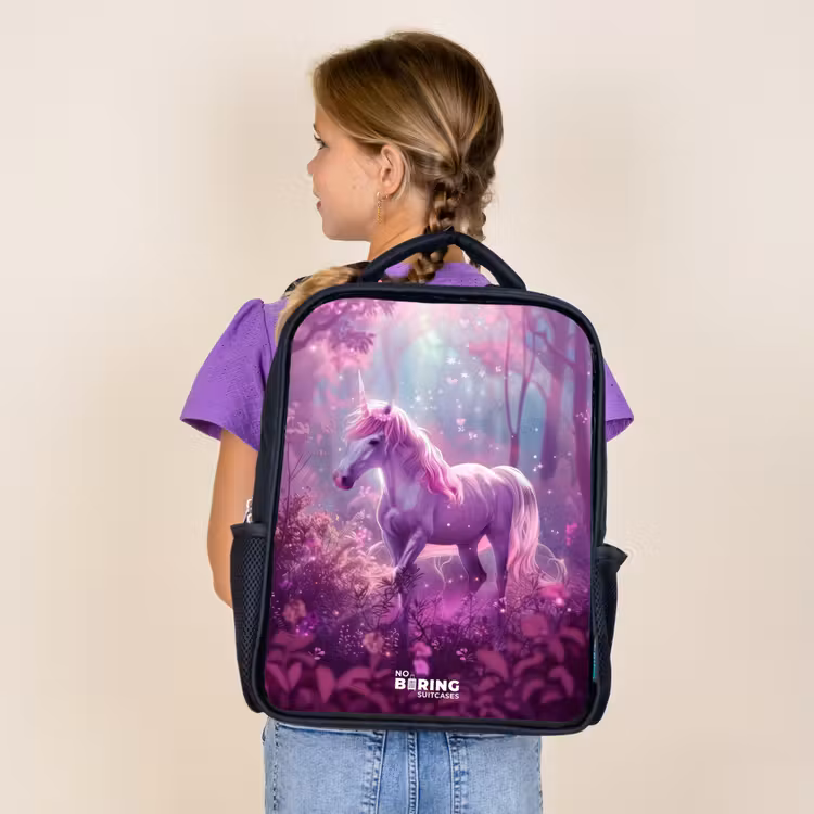 Kids backpack - Black - Unicorn Surrounded by Purple Nature — 4