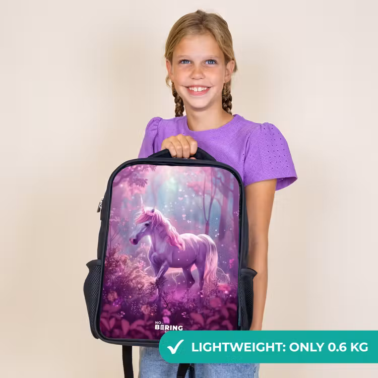 Kids backpack - Black - Unicorn Surrounded by Purple Nature — 9