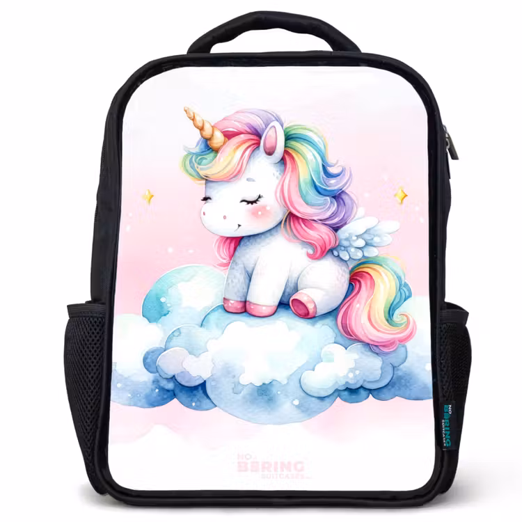 Kids backpack - Black - Unicorn with rainbow mane on a cloud — 1