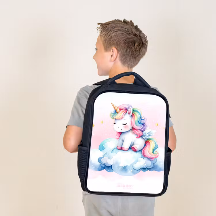 Kids backpack - Black - Unicorn with rainbow mane on a cloud — 2