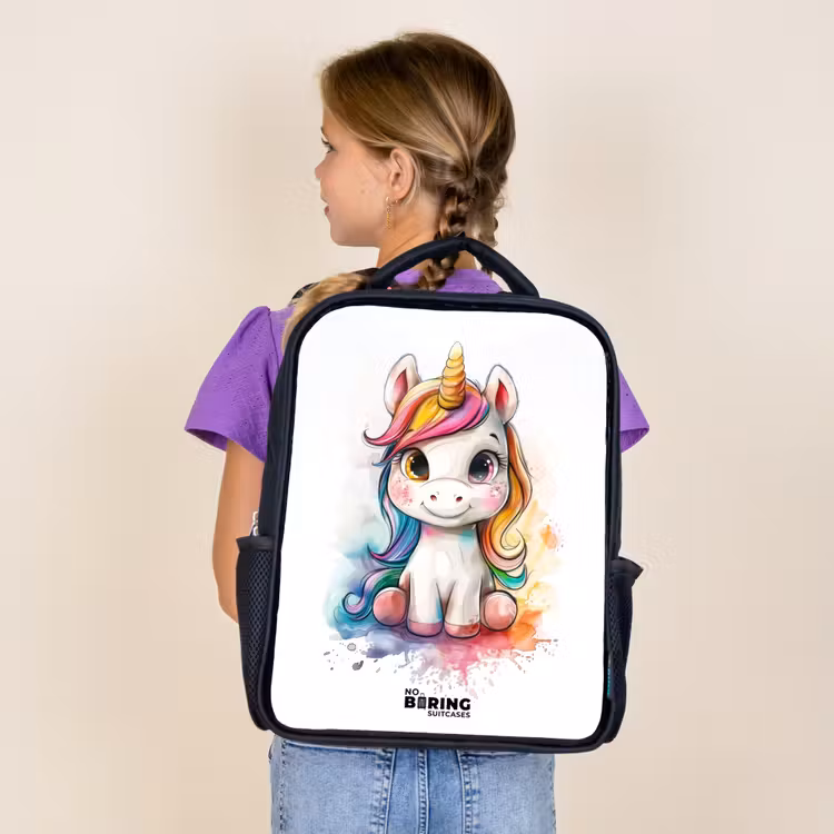 Kids backpack - Black - White Eemhorn with Colorful Mane and Paint Splashes — 4