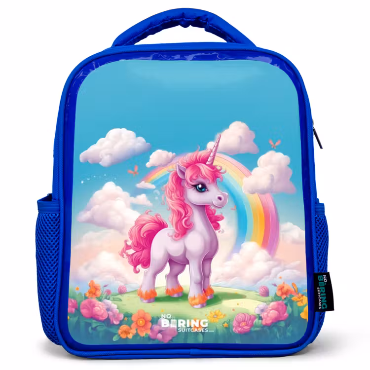 Kids backpack - Blue - Cheerful unicorn at a rainbow — 1