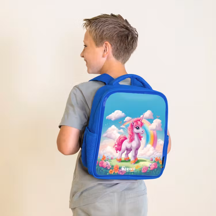 Kids backpack - Blue - Cheerful unicorn at a rainbow — 2
