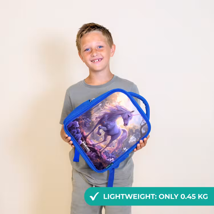 Kids backpack - Blue - Portrait of a Unicorn among Purple Flowers — 3