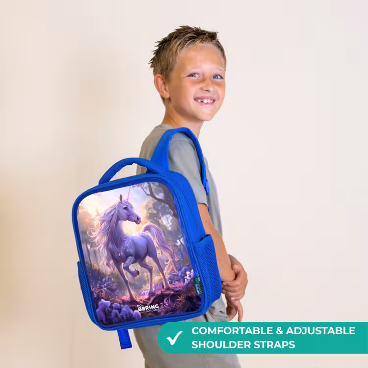Kids backpack - Blue - Portrait of a Unicorn among Purple Flowers — 4