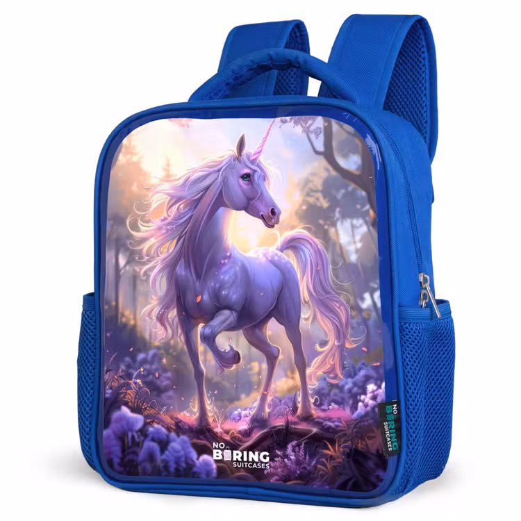 Kids backpack - Blue - Portrait of a Unicorn among Purple Flowers — 7