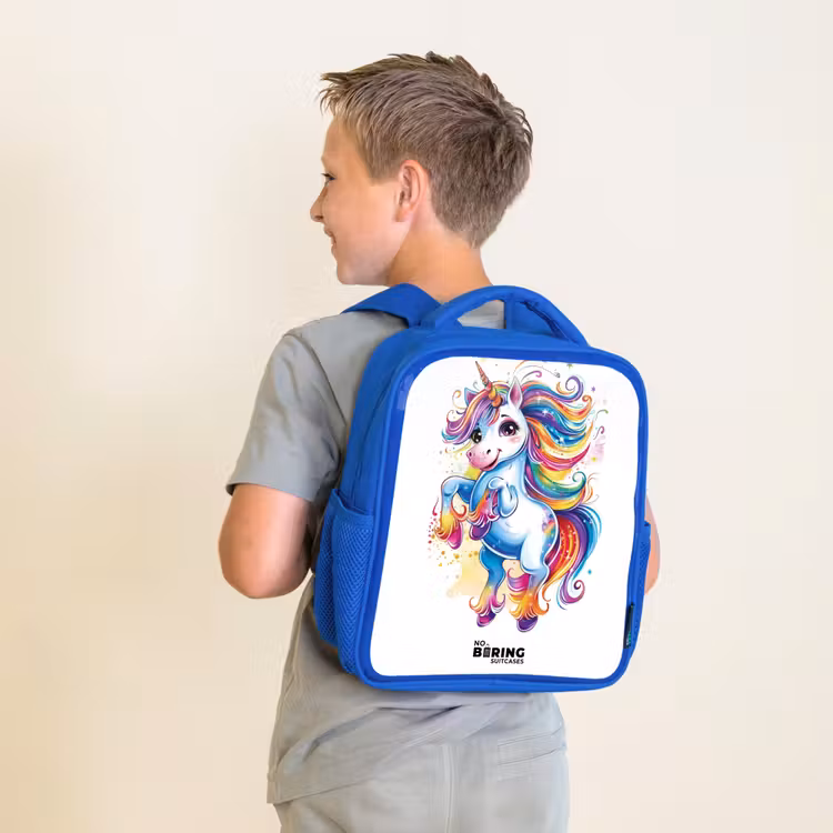 Kids backpack - Blue - Prancing Unicorn with Rainbow Moons — 2