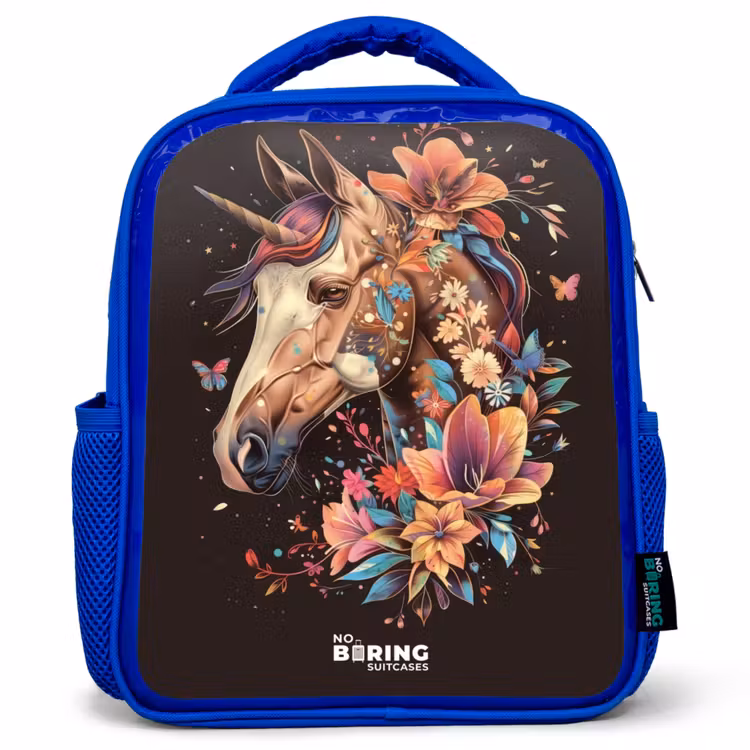 Kids backpack - Blue - Unicorn and Flowers on Black Background — 1