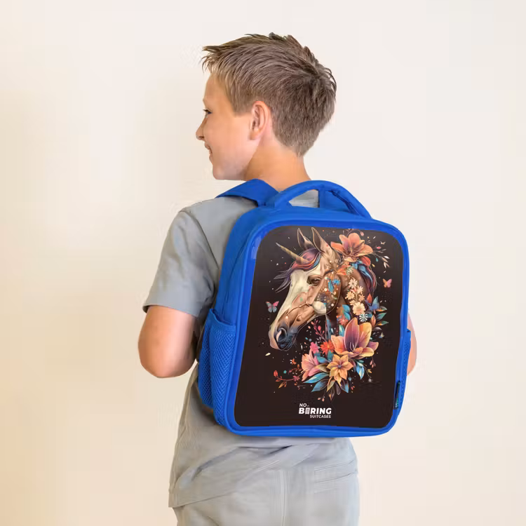 Kids backpack - Blue - Unicorn and Flowers on Black Background — 2