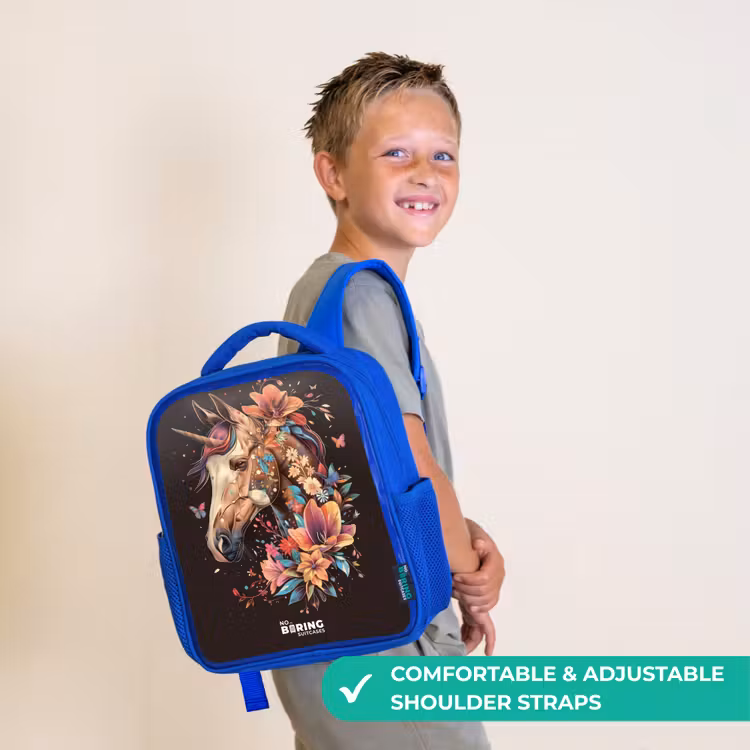 Kids backpack - Blue - Unicorn and Flowers on Black Background — 4
