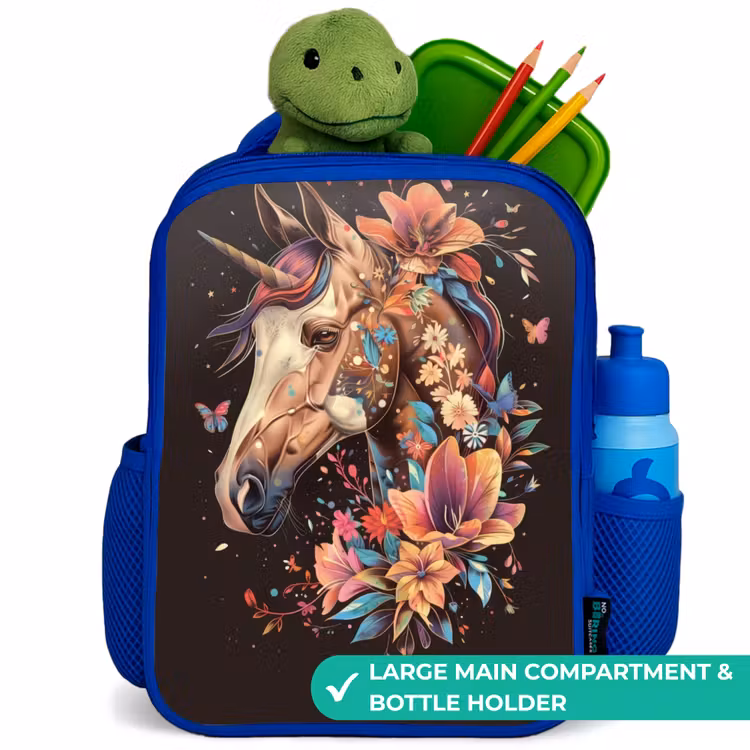Kids backpack - Blue - Unicorn and Flowers on Black Background — 5