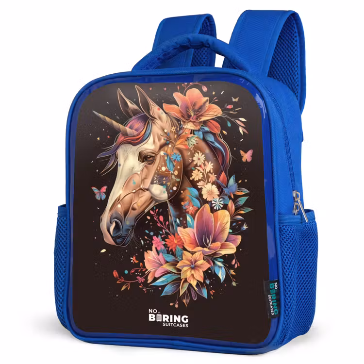 Kids backpack - Blue - Unicorn and Flowers on Black Background — 7