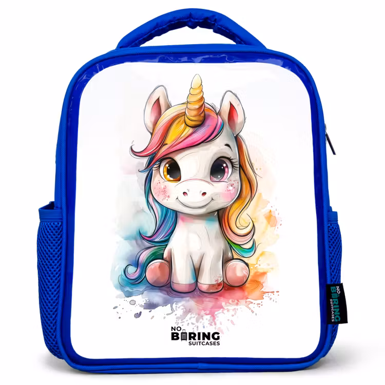 Kids backpack - Blue - White Eemhorn with Colorful Mane and Paint Splashes — 1