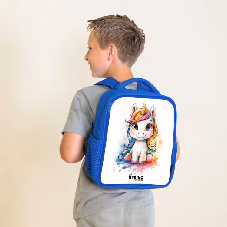 Kids backpack - Blue - White Eemhorn with Colorful Mane and Paint Splashes — 2