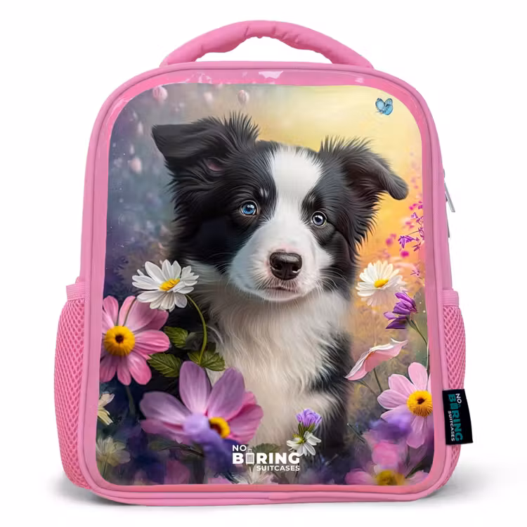 Kids backpack - Pink - black and white puppy among colorful flowers — 1