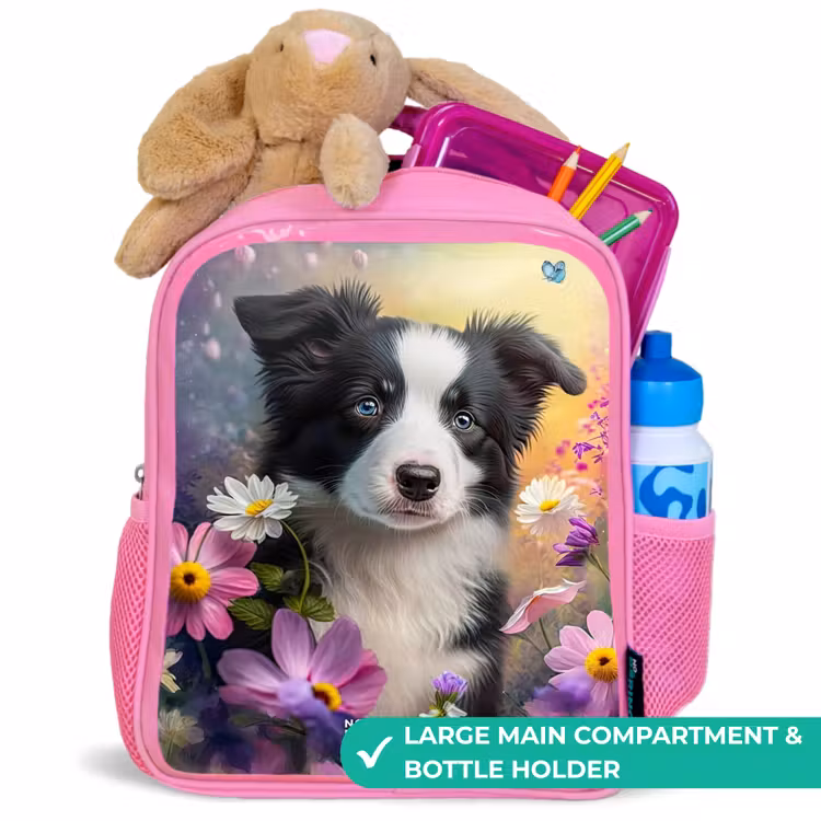 Kids backpack - Pink - black and white puppy among colorful flowers — 2