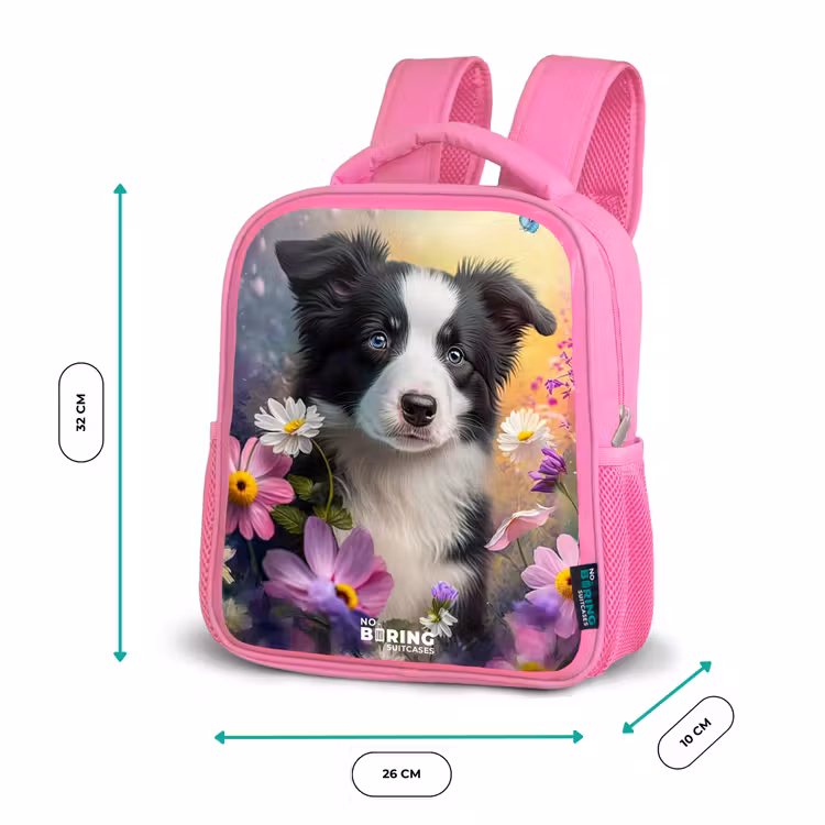 Kids backpack - Pink - black and white puppy among colorful flowers — 3