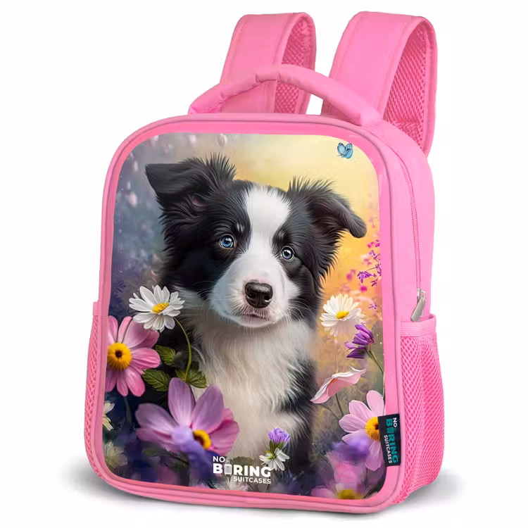 Kids backpack - Pink - black and white puppy among colorful flowers — 4