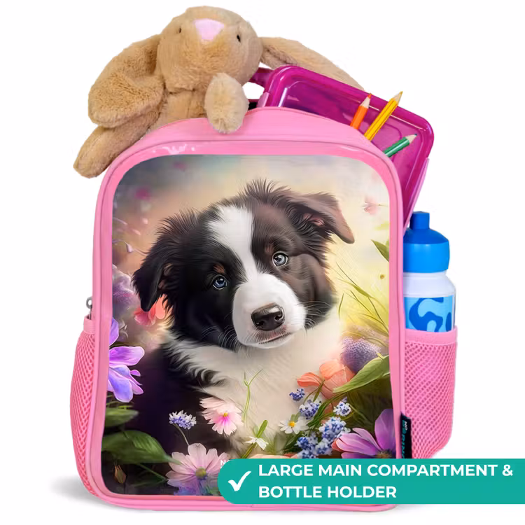 Kids backpack - Pink - Blue-eyed dog in a field — 2