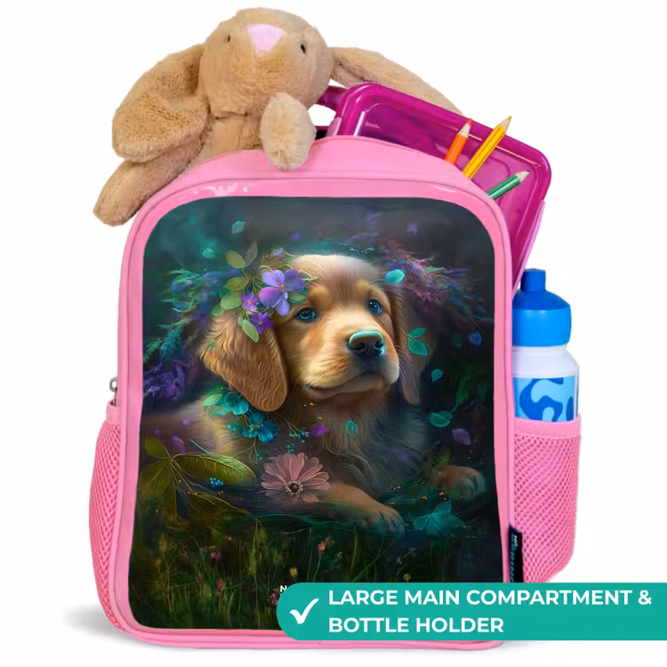 Kids backpack - Pink - Brown dog among flowers — 2